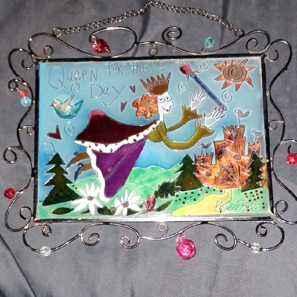 Whimsical Stained Glass Art with Castle and Sun Motif